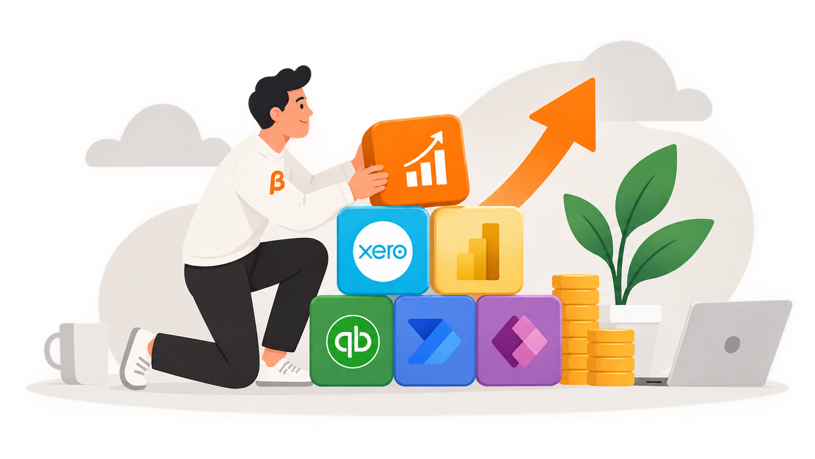 Illustration of stacking accounting and software platforms - Xero, QuickBooks and Power BI - building business growth